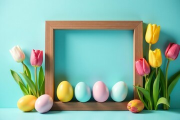 Wooden frame filled with painted Easter eggs and vibrant tulips against a soft blue backdrop , picture, pastel
