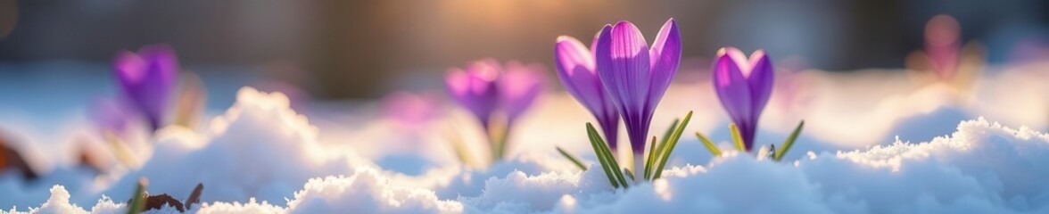 Naklejka premium Purple crocus pushing through melting snow, vibrant spring sunlight , purple crocus, flower, early