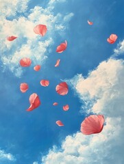 Obraz premium Rose Petals Floating in a Serene Blue Sky with Fluffy White Clouds Dreamy and Peaceful