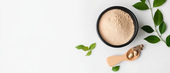 Natural Wellness Powder and Capsules with Green Leaves on White Background for Healthy Lifestyle