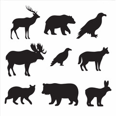 Fototapeta premium Majestic wildlife silhouettes deer bear eagle moose raven fox lynx rabbit bear black and white graphic design simple