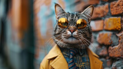 Stylish Cat in Yellow Coat: A Retro-Chic Portrait