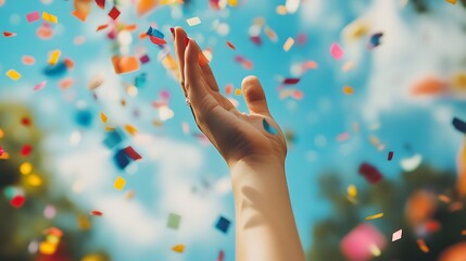 Hand Throwing Confetti: A dynamic shot of a hand throwing vibrant confetti into the air, capturing the moment of celebration. 
