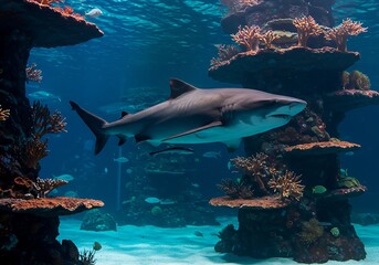 Fototapeta premium Ocean Majesty: Shark Among Coral Reefs AI Generated