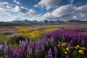 Fototapeta premium Field of lupine and yellow flowers with mountains in the distance