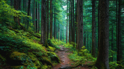 Obraz premium Vibrant forest with clear path leading through lush greenery and tall trees, creating serene and inviting atmosphere