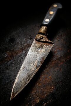 Antique Knife with Ornate Handle Resting on Dark Textured Surface in Dramatic Lighting