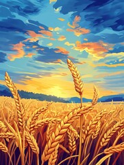 Golden wheat field under a vibrant sky at sunset offering a serene and picturesque landscape