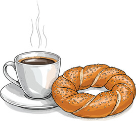 A detailed vector illustration shows a steaming cup of coffee next to a twisted bagel generously covered in sesame seeds, all rendered in a clean, graphic style.