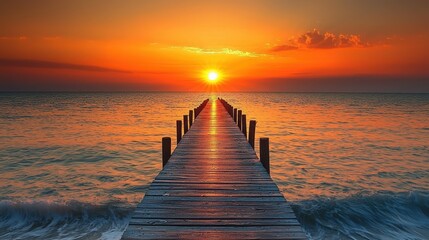 Obraz premium Wooden Pier Leading to Ocean at Sunrise with Orange Sky