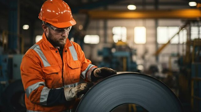 Factory Worker Inspecting Steel Roll