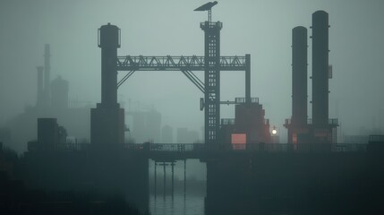 Fototapeta premium Industrial scene foggy bridge silhouette dark atmosphere factory structures water steel pipes