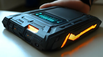 Futuristic device with orange graphic equalizer display