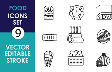 Minimalist vector icon set featuring 9 editable stroke food illustrations: meat cuts, poultry, ham, ribs, cheese, onion, eggs, deli roll, and basket
