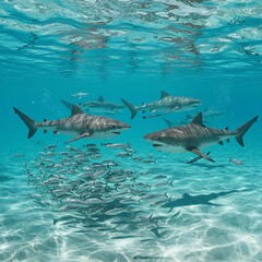 Naklejka premium Tiger Sharks' Underwater Realm: Crystal Waters, Silver Bait AI Generated