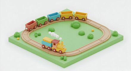 Colorful wooden toy train on track for kids