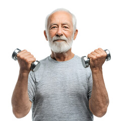 Senior man with dumbbells, lifting weights for fitness and exercise on black background.