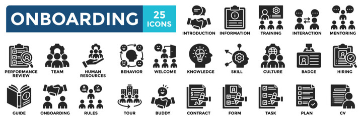 Onboarding icon collection set. Containing hiring, welcome, introduction, training, interaction, mentoring, performance review icon. Simple solid vector illustration.