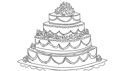 Four-tiered cake with floral decorations, scallops, and a detailed, elegant design