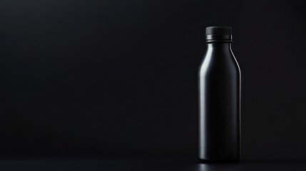 Black plastic bottle against dark background in a minimalist, sleek st