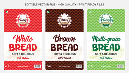 Bread packaging design template, bread and bakery products logo design sticker label design, fresh white brown and multigrain bread labels design editable vector print ready template file download