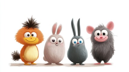 Four fluffy cartoon animals