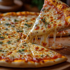 Melting cheese being pulled from a hot pizza.
