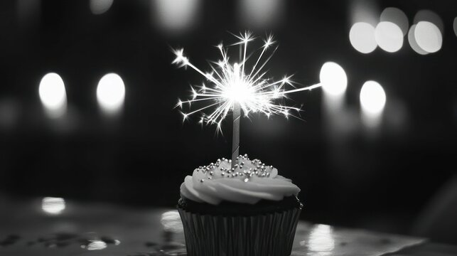 Monochrome photo of a cupcake with sparkler for birthday celebration.