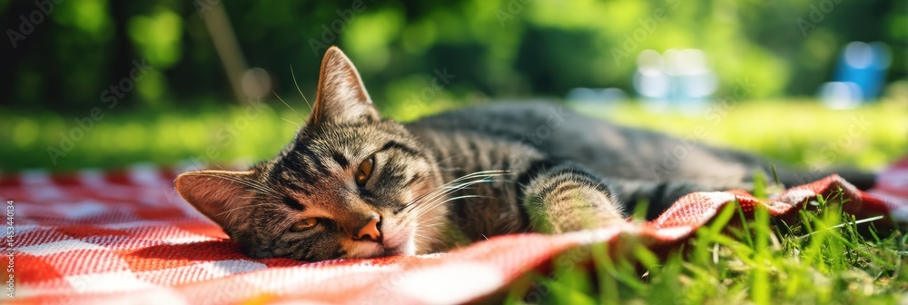 Poster cat relaxes lazily on picnic blanket in sunny meadow, enjoying a peaceful afternoon surrounded by na