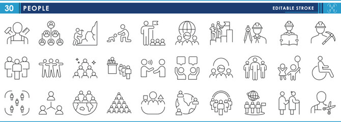 A set of line icons related to People. Jobs, people, child, elderly, population, disable, and so on. Vector editable stroke.