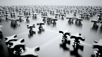 Array of metallic cross shaped objects in grid pattern abstract industrial design