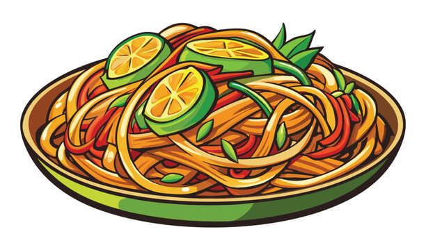 Delicious asian noodles with lime and vegetables