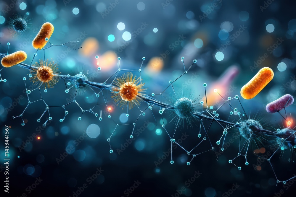 Aufkleber Abstract Representation of Bacteria Breaching a Molecular Barrier in a Vivid, Scientific Exploration of Microscopic Life Generative AI