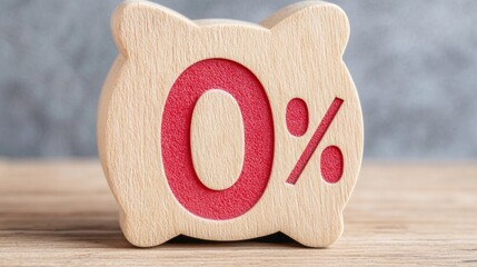 Interest Rate Sign with 0 Percent Displayed on a Wooden Piggy Bank