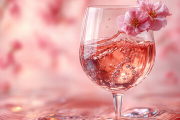 Glass of pink wine with a flower.