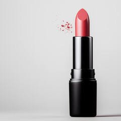 Red lipstick in black tube stands upright on light background, with splash of red pigment adding dynamic, elegant, and modern touch to composition