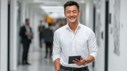 Confident Man Holding Tablet in Modern Office Hallway Setting