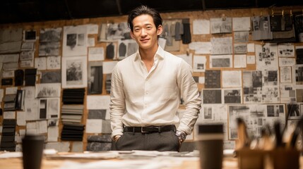 Young Male Professional Smiling in Creative Workspace with Papers
