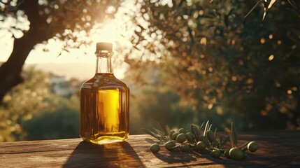 Golden Olive Oil in Glass Bottle on Wooden Table with Olive Branch at Sunset in Nature
