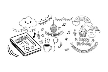 Hand Drawn Birthday Doodle Art Cute Celebration Elements in Black and White