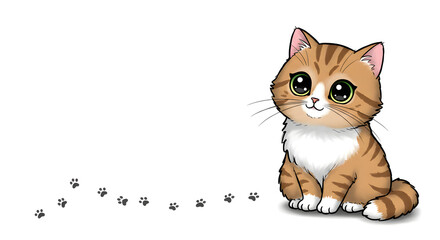 Fototapeta premium Cute Cartoon Cat on White Copy Space Background.
