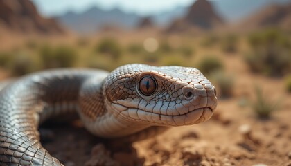 Fototapeta premium Snake Head Close-up in Desert Landscape Reptile Portrait