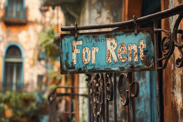 Rusty sign on metal fence in urban alleyway, weathered and worn, with graffiti in the background.