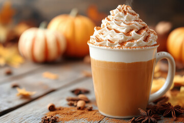 A cup of pumpkin spice latte steaming on a table.