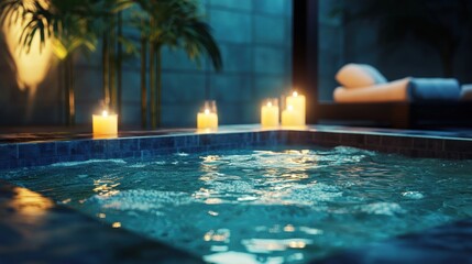Tranquil spa pool with candlelight and plants