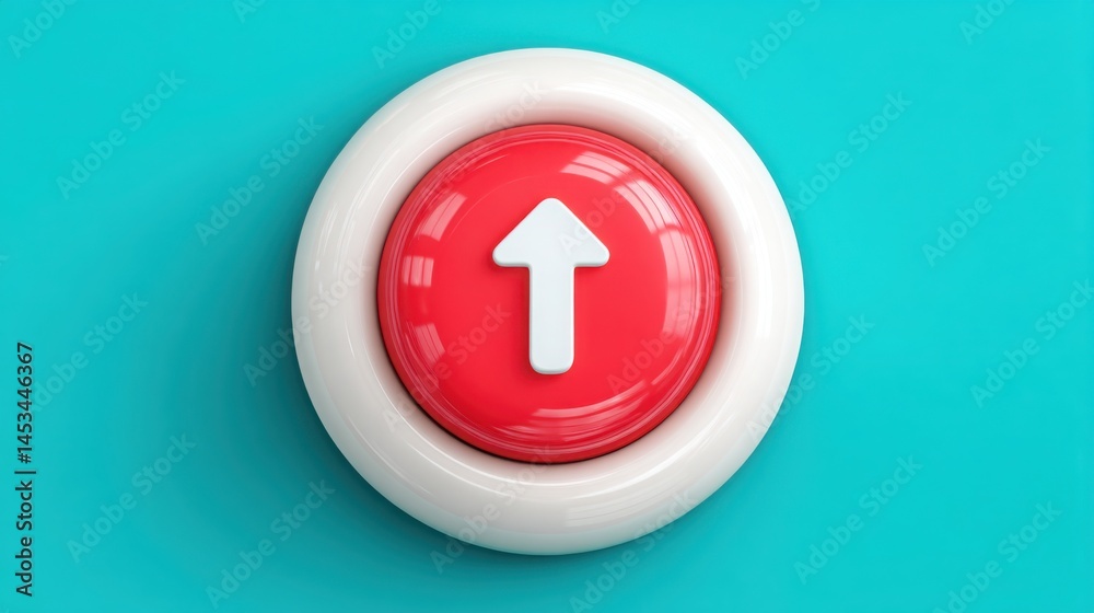 Poster bold red button with a white arrow indicating action representing emotionless reaction in conceptual