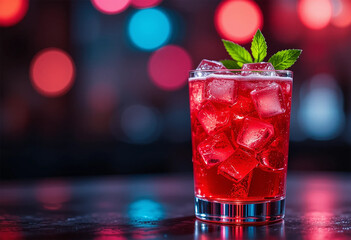 Red Cocktail Drink with Ice and Mint Garnish