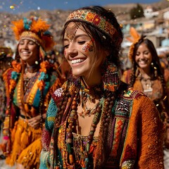 Fototapeta premium Group of dancers in traditional Inti Raymi clothing, colorful woven patterns, llama wool garments, joyful expressions, confetti in air.