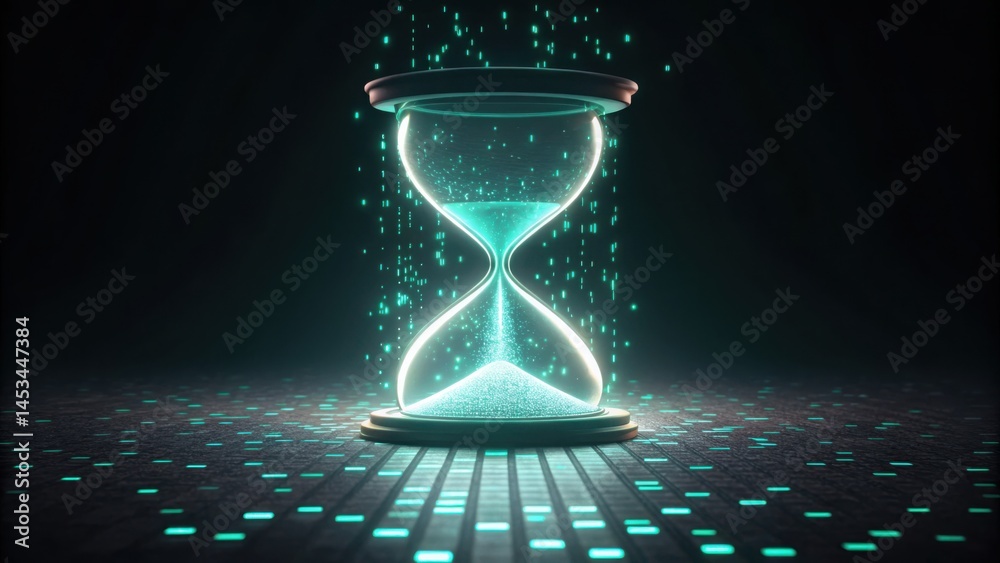 Aufkleber Glowing Hourglass with Spilling Sand and Binary Code Background