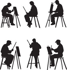 Silhouette Art: Artists Painting on Easels, Creative Hobby, Black and White Vector Illustration of Painters at Work, Studio Art Concept